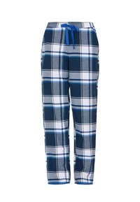 Męskie spodnie dresowe w kratę w odcieniach granatu, szarości i bieli. Posiadają elastyczny pas z niebieskim sznurkiem i prosty krój. Wykonane z miękkiego materiału.