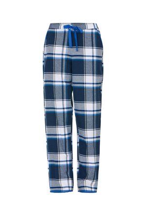 Heren loungebroeken met ruitpatroon in navy, grijs en wit. Voorzien van een elastische tailleband met blauwe koord en rechte snit. Gemaakt van zachte stof.