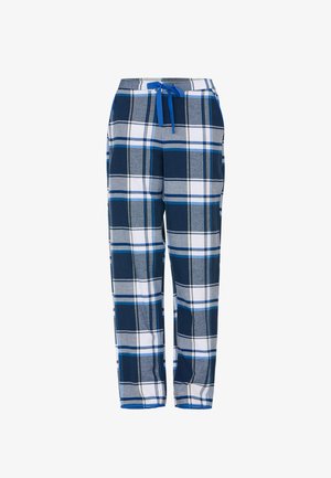 Heren loungebroeken met ruitpatroon in navy, grijs en wit. Voorzien van een elastische tailleband met blauwe koord en rechte snit. Gemaakt van zachte stof.