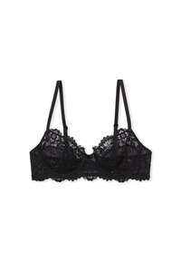 Schwarzer Spitzen-BH mit gezacktem Rand, Bügelunterstützung und verstellbaren Trägern. Mit einer kleinen Satin-Schleife in der Mitte.