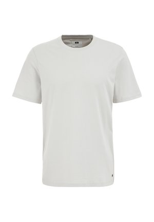 Lys grå kortærmet t-shirt med rund halsudskæring, lavet af blød stof, med et lille sort logo-detalje ved nederste kant.