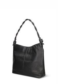 Borsa nera in pelle con finitura testurizzata, dotata di manico intrecciato e dettagli sottili sulle cuciture. Il nome del marchio "pierre cardin" è visibile.