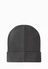 Grå stickad mössa med viksöm, som har en jämn textur och sömlös design, lämplig för värme och avslappnat bruk.