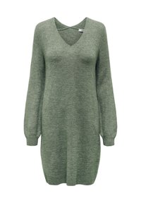 Robe-pull verte en maille avec un col en V, des manches longues et des poignets côtelés. Texture douce, longueur au genou et coupe décontractée.