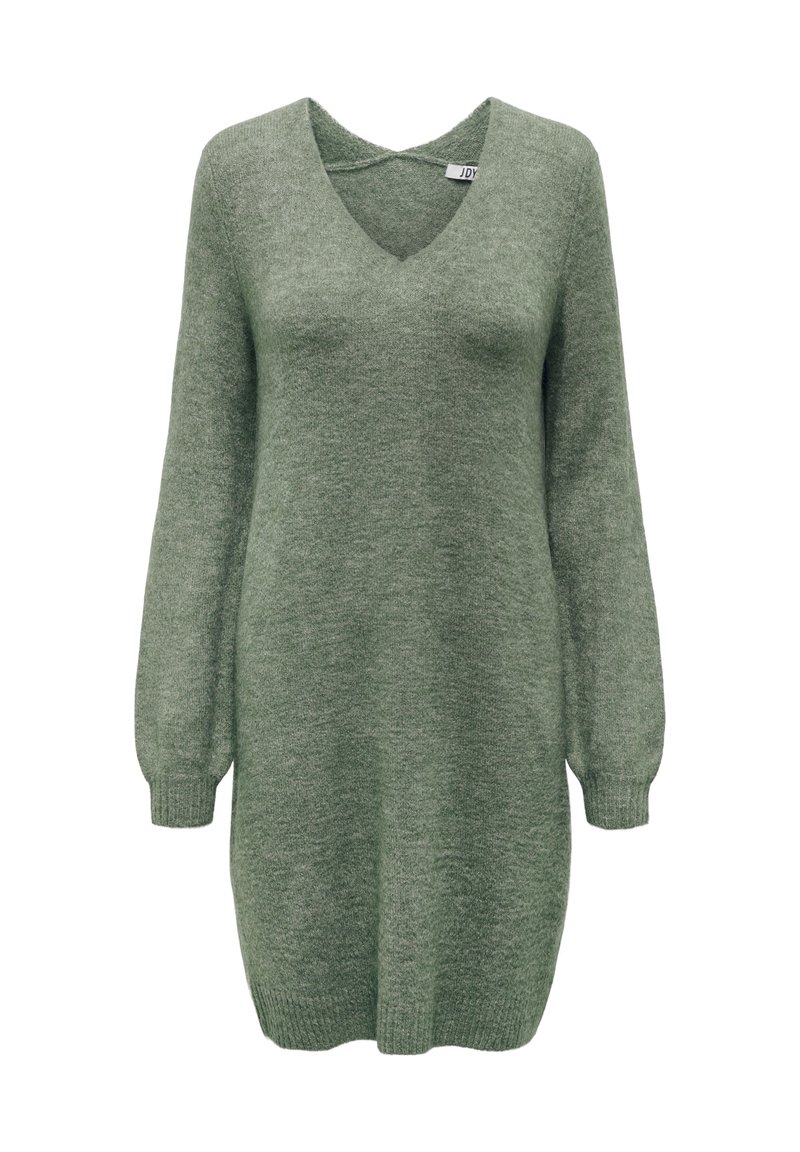 Robe-pull verte en maille avec un col en V, des manches longues et des poignets côtelés. Texture douce, longueur au genou et coupe décontractée.