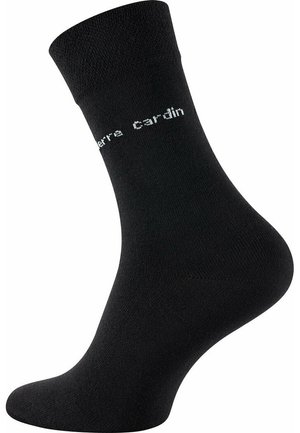 Schwarze Baumwollsocke mit festem Bündchen, glatter Textur und weißem Logo-Text "Pierre Cardin", der an der Seite angezeigt wird.