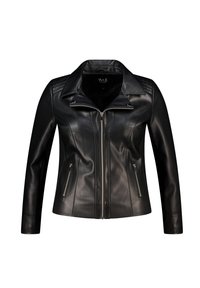 Zwarte leren jas met gestructureerde schouders, doorstikte accenten, een ritssluiting aan de voorkant en twee ritszakken aan de zijkant. Gladde textuur.