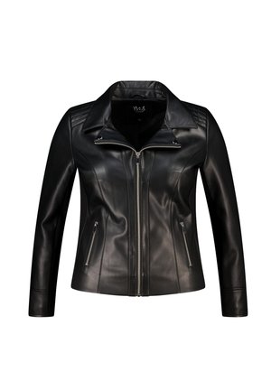 Zwarte leren jas met gestructureerde schouders, doorstikte accenten, een ritssluiting aan de voorkant en twee ritszakken aan de zijkant. Gladde textuur.