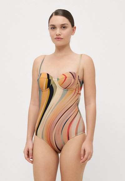 Maillot de bain une pièce multicolore avec une poitrine structurée, arborant des rayures ondulées en orange, beige et noir. Bretelles fines réglables incluses.