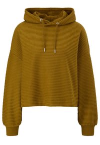 Sweat à capuche court en tricot côtelé jaune moutarde avec manches longues, capuche à cordon et poignets ajustés.