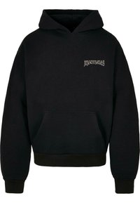 Felpa nera in misto cotone, con tasca frontale, polsini a costine e un logo grigio chiaro sulla parte sinistra del petto.