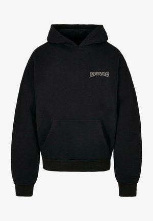 Mustade puuvillaseguga kapuutsiga sviiter, millel on eesmine tasku, soonikkoes mansetid ja kergehall logoga vasakul rinnaku piirkonnas.