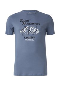 Niebieska bawełniana koszulka z krótkim rękawem, z grafiką górską, napisem "Pushin' Boundaries" oraz logo "Country Pacemakers" w kolorze czarnym. Okrągły dekolt.