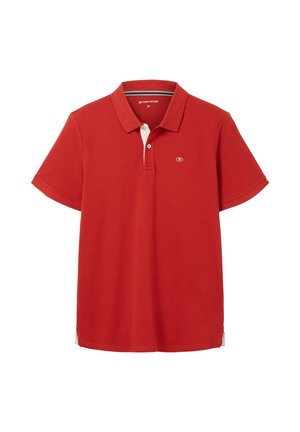 Rode polo-hemden gemaakt van katoen met een klassieke kraag, korte mouwen en een witte accent bij de halslijn. Beschikt over een logo op de borst.
