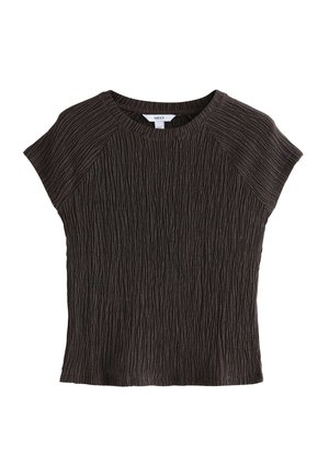T-shirt med kort ärm i en texturerad, mörkbrun tyg. Har en rundad halsringning och ett ribbat mönster, med raglanärmar.