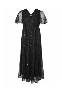 Musta, lattiapituinen mekko, jossa on V-pääntie, lyhyet pitsihihat ja paljettikoristelu. Läpikuultava päällys, jossa on monimutkaisia kuvioita.