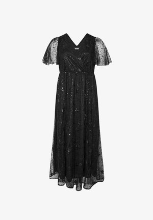 Robe noire longue jusqu'au sol avec un décolleté en V, des manches courtes en dentelle et des embellissements en sequins. Superposition transparente avec des motifs sophistiqués.