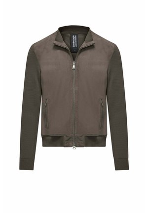 Brązowa kurtka na zamek z prążkowanym kołnierzem, mankietami i dołem, z dzianymi długimi rękawami i zapinanymi na zamek kieszeniami bocznymi.