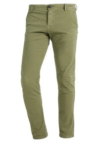 Slim-fit olivgröna bomullbyxor med knapp- och dragkedjestängning, fram- och bakfickor, uppvisade p å vit bakgrund.