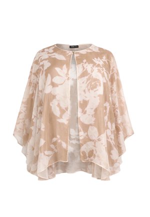 Light beige flowy cape with white floral pattern, round neckline, and open front with a small clasp closure at the top.