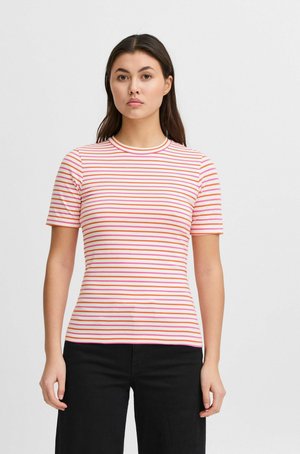 Chemise ajustée à manches courtes avec des rayures horizontales roses et oranges sur fond blanc, col rond, fabriquée en tissu doux en mélange de coton.