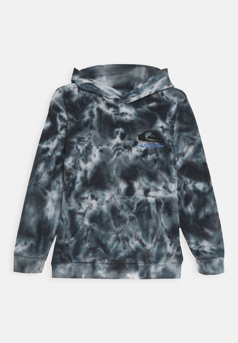 Hoodie à capuche avec un motif tie-dye, dans des nuances de noir et de gris. Comprend une poche avant et un logo Quiksilver en noir et bleu.