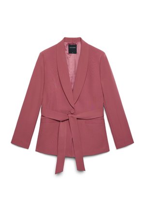 Blazer rosa polvere monopetto con collo a scialle, maniche lunghe, tasche frontali, cintura in tessuto abbinato e chiusura con bottoni.
