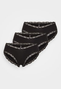 Black cotton hipster underwear set of three featuring a scalloped lace trim and small bow detail on the front.