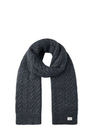 Sciarpa lavorata a maglia grigio scuro con motivo a treccia, piegata a forma di anello con l'etichetta del marchio ben visibile su un'estremità.