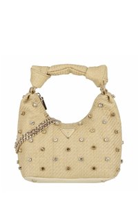 Beige geweven handtas met een gevlochten handvat, zilveren kettingaccent en versierd met rhinestones. Heeft een logoplaatje aan de voorkant.