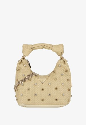 Beżowa pleciona torebka z plecionym uchwytem, srebrnym łańcuchem i ozdobiona kryształkami. Posiada logo na froncie.