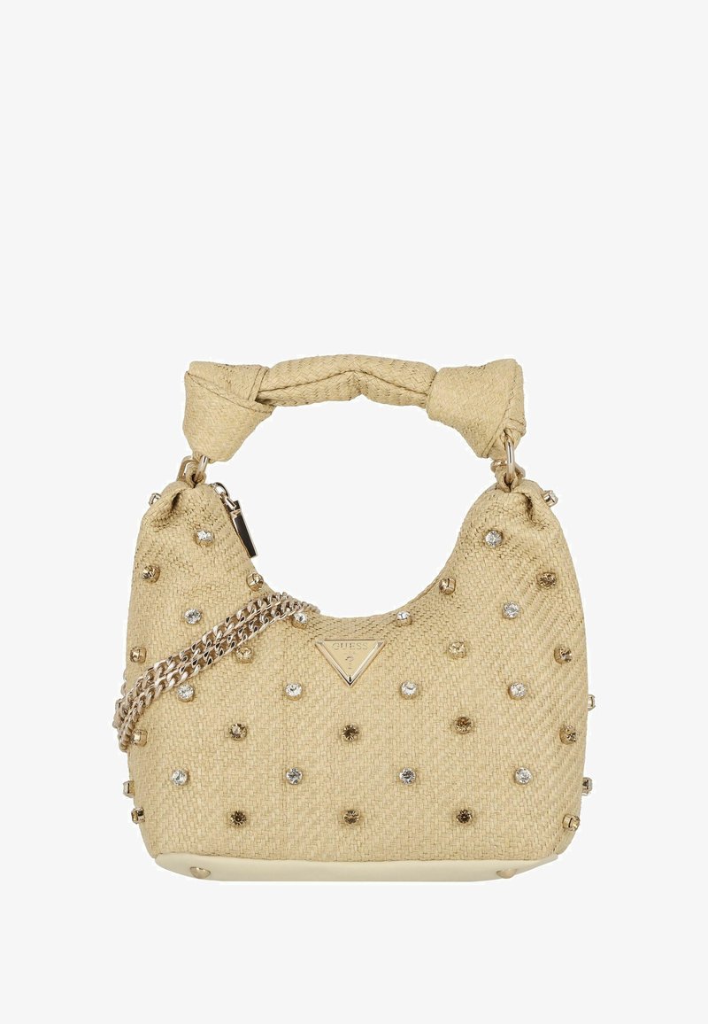 Beige geweven handtas met een gevlochten handvat, zilveren kettingaccent en versierd met rhinestones. Heeft een logoplaatje aan de voorkant.