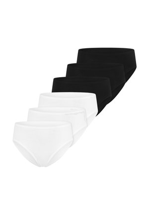 Drei Paare schwarze und drei Paare weiße nahtlose Slips, diagonal auf einem weißen Hintergrund angeordnet.