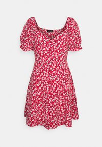 Punainen mini mekko valkoisella kukkakuviolla, puffihihnoilla ja sydänaukolla.