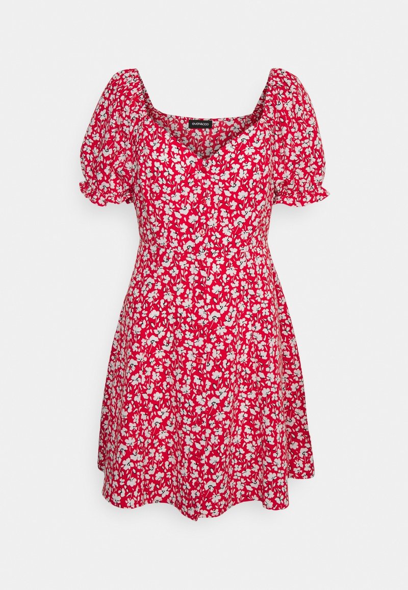 Punainen mini mekko valkoisella kukkakuviolla, puffihihnoilla ja sydänaukolla.