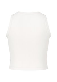 White sleeveless crop top made of ribbed fabric. Features a round neckline and a straight hemline with a small logo detail at the side.
