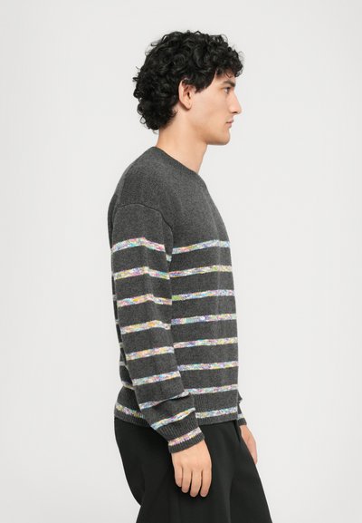 Bărbat întors spre dreapta, îmbrăcat cu un pulover gri închis cu dungi orizontale multicolore și pantaloni negri, pe un fundal alb.