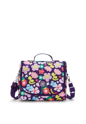 Purple crossbody bag with multicolored floral pattern, top handle, adjustable strap, and small fuzzy monkey keychain attached.
