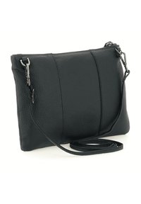 Borsa a tracolla in pelle nera con superficie testurizzata, forma rettangolare sottile, chiusura con zip e tracolla regolabile. Presenta dettagli di cuciture orizzontali.