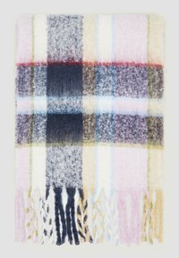Écharpe à carreaux en mélange de laine douce, dégradés de rose, bleu, gris et blanc, avec des bords frangés et des textures variées dans un motif à carreaux.