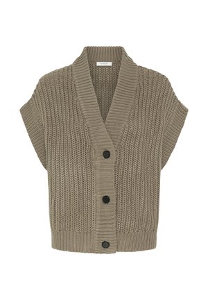 Taupe chunky knit short-sleeve cardigan with shawl collar and three large black buttons down the front.