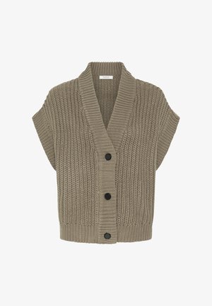 Cárdigan corto de punto grueso en color topo, con mangas cortas, cuello tipo chal y tres grandes botones negros en la parte delantera.