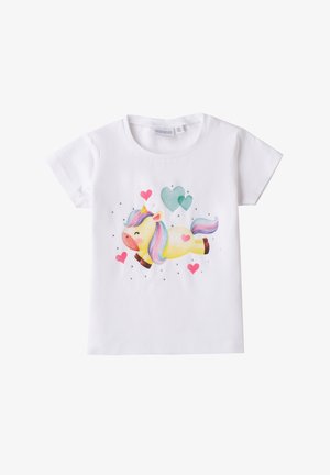 T-shirt en coton blanc avec une illustration colorée de licorne, entourée de cœurs et de petits strass décoratifs. Manches courtes.