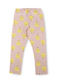 Pink leggings made of soft fabric, featuring a yellow pear pattern with black accents, and an elastic waistband for comfort.