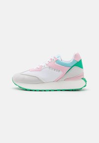 Sporty sneakers featuring a white mesh upper, grey suede accents, pink and mint green detailing, and a textured rubber sole.