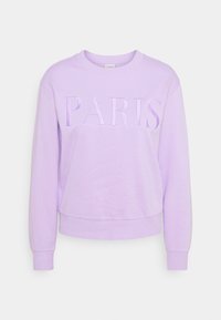 Sudadera de lavanda con la inscripción en relieve "PARIS", cuello redondo, puños de canalé y textura suave. Diseño corto para un estilo casual.