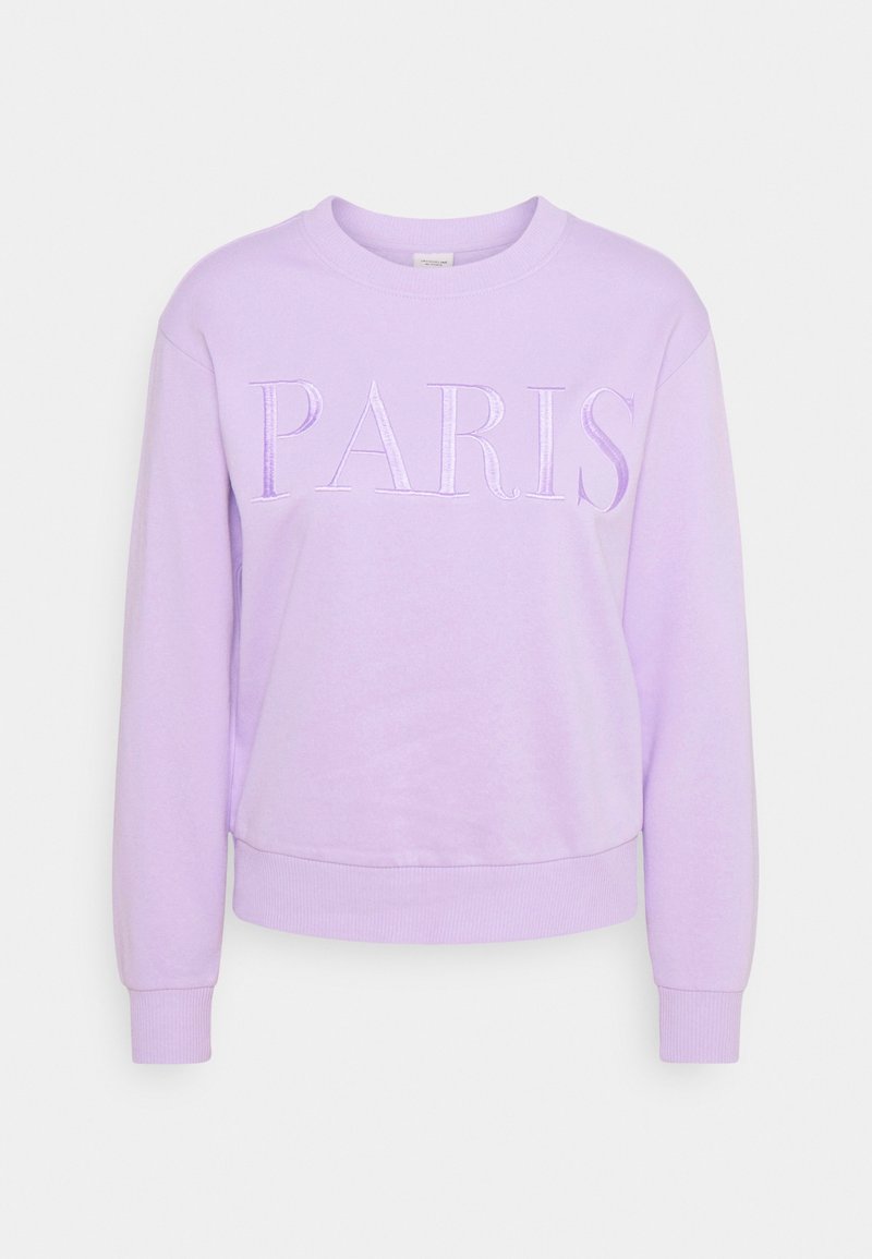 Sudadera de lavanda con la inscripción en relieve "PARIS", cuello redondo, puños de canalé y textura suave. Diseño corto para un estilo casual.