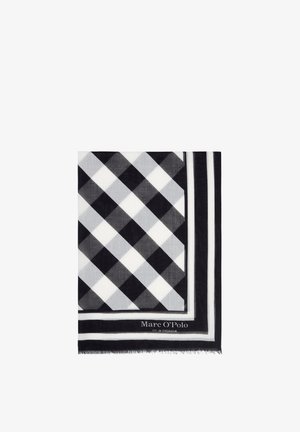 Écharpe à carreaux noir et blanc avec des bords à franges. Présente un motif en losange et un logo de la marque dans le coin inférieur. Design en tissu léger.