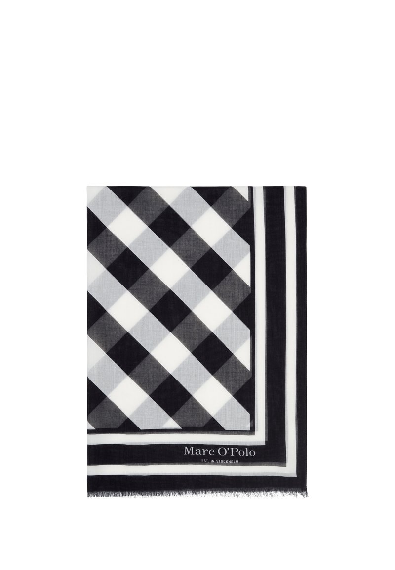 Écharpe à carreaux noir et blanc avec des bords à franges. Présente un motif en losange et un logo de la marque dans le coin inférieur. Design en tissu léger.