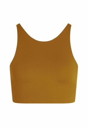 Senovinis geltonas trumpas tanko viršus su lygia tekstūra, plačiomis petnešomis ir apvaliu kaklu, sukurtas komfortui ir judėjimo laisvei.